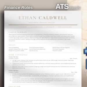 Op de afbeelding: Een professioneel cv-sjabloon voor een investment banking analist genaamd Ethan Caldwell. Het document heeft een strakke lay-out met secties voor samenvatting, vaardigheden en werkervaring, inclusief iconen voor Word en Google Docs.