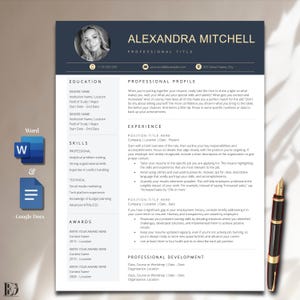 May include: A professional CV template featuring a dark blue header with the name Alexandra Mitchell, a circular headshot, and contact icons. The layout includes sections for education, skills, awards, professional profile, experience, and development.