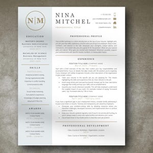 May include: A professional resume template featuring a two-column layout with a light gray sidebar. The header displays the name Nina Mitchel, contact icons, and a circular logo with the initials NM. Sections include Education, Skills, Awards, Professional Profile, Experience, and Professional Development.