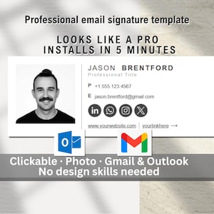 Könnte beinhalten: Professionelle E-Mail-Signaturvorlage mit dem Text „SIEHT AUS WIE EIN PRO INSTALLIERT IN 5 MINUTEN“. Die Vorlage enthält ein Foto, Kontaktinformationen und Social-Media-Symbole. Das Design zeigt auch die Logos von Microsoft Outlook und Gmail.