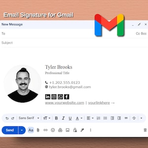 May include: A digital email signature template for Gmail featuring a circular black and white portrait of a person, the name Tyler Brooks, a professional title, phone number, email address, social media icons, and a website link placeholder.