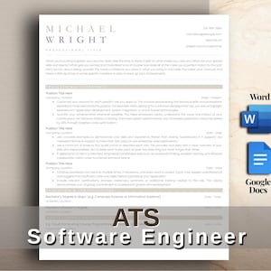 Plantilla de currículum ATS para ingeniero de software / desarrollador de software / CV optimizado para ATS / Word y Google Docs / Currículum de tecnología informática en formato A4 (tamaño carta estadounidense)