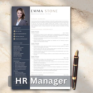 May include: A professional resume template featuring a dark gray sidebar with a headshot, contact details, education, and expertise sections, alongside a white main column for career summary and experience, accompanied by a black and gold fountain pen.