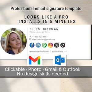 Puede incluir: Plantilla de firma de correo electrónico profesional con el texto «PARECE UN PROFESIONAL SE INSTALA EN 5 MINUTOS». La plantilla incluye una foto, información de contacto e iconos de redes sociales. También está presente el texto «Clickable Photo Gmail & Outlook No design skills needed».