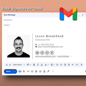 May include: A digital email signature template for Gmail featuring a black and white headshot of a person, the name Jason Brentford, a professional title, phone number, email address, social media icons, and a website link in a white window.