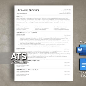 May include: A professional resume template featuring the name Natalie Brooks at the top, sections for summary, skills, experience, and education, with the text ATS friendly overlaid, plus Microsoft Word and Google Docs icons on the right.