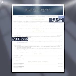 May include: A resume template for a Business Analyst, featuring a navy blue and white design. The resume includes sections for career summary, skills, work experience, education, and professional development. The text "ATS friendly" is visible.