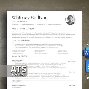 Könnte beinhalten: Eine professionelle Lebenslauf-Vorlage mit dem Namen Whitney Sullivan, einem runden Porträtfoto und Abschnitten für Zusammenfassung, Karriere-Highlights, Berufserfahrung und Ausbildung. Enthält Word- und Google Docs-Symbole.