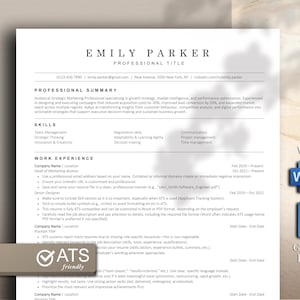 Marketing Professional ATS Resume Template Word Google Docs, Modern Executive Resume Minimalist CV Template Basic Simple Resume A4 US Letter
