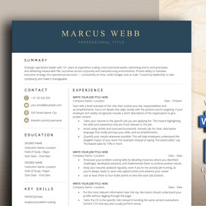 May include: A professional resume template featuring a dark blue header with the name Marcus Webb, followed by sections for summary, contact, education, key skills, and experience. Includes icons for Word and Google Docs software compatibility.