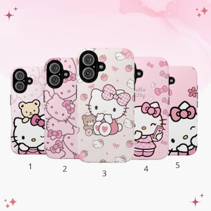 May include: Five pink phone cases featuring Hello Kitty designs. Each case showcases a different design, including Hello Kitty with a teddy bear, bows, and strawberries. The cases are numbered 1 through 5.