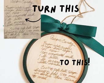 Handwriting ornament, recipe ornament, loved ones handwriting gift, engraved handwriting, holiday decor, recipe card mom, grandma recipe