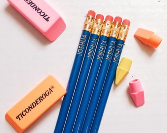 Back to school pencils that are personalized with name, set of 5 pencils in blue, school colors