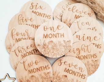 Baby Milestone Markers, all 12 months, made out of wood, personalized with baby name, baby shower gift, new mom gift, baby firsts,wildflower