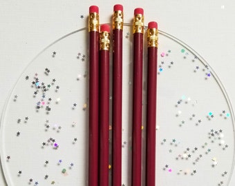 Back to school pencils that are personalized with name, set of 5 pencils in burgundy/maroon, school colors