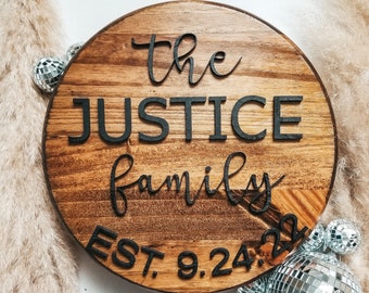 Round family sign, 8 inch round established sign, year established, just married sign, family established sign, newlywed sign, bridal shower