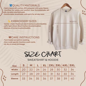 May include: A cream-colored sweatshirt hangs on a wooden hanger, with measurements for width, length, and sleeve length. The image includes a size chart for sweatshirts and hoodies, detailing sizes S through 5XL. Text on the left describes quality materials, embroidery sizes, and care instructions.