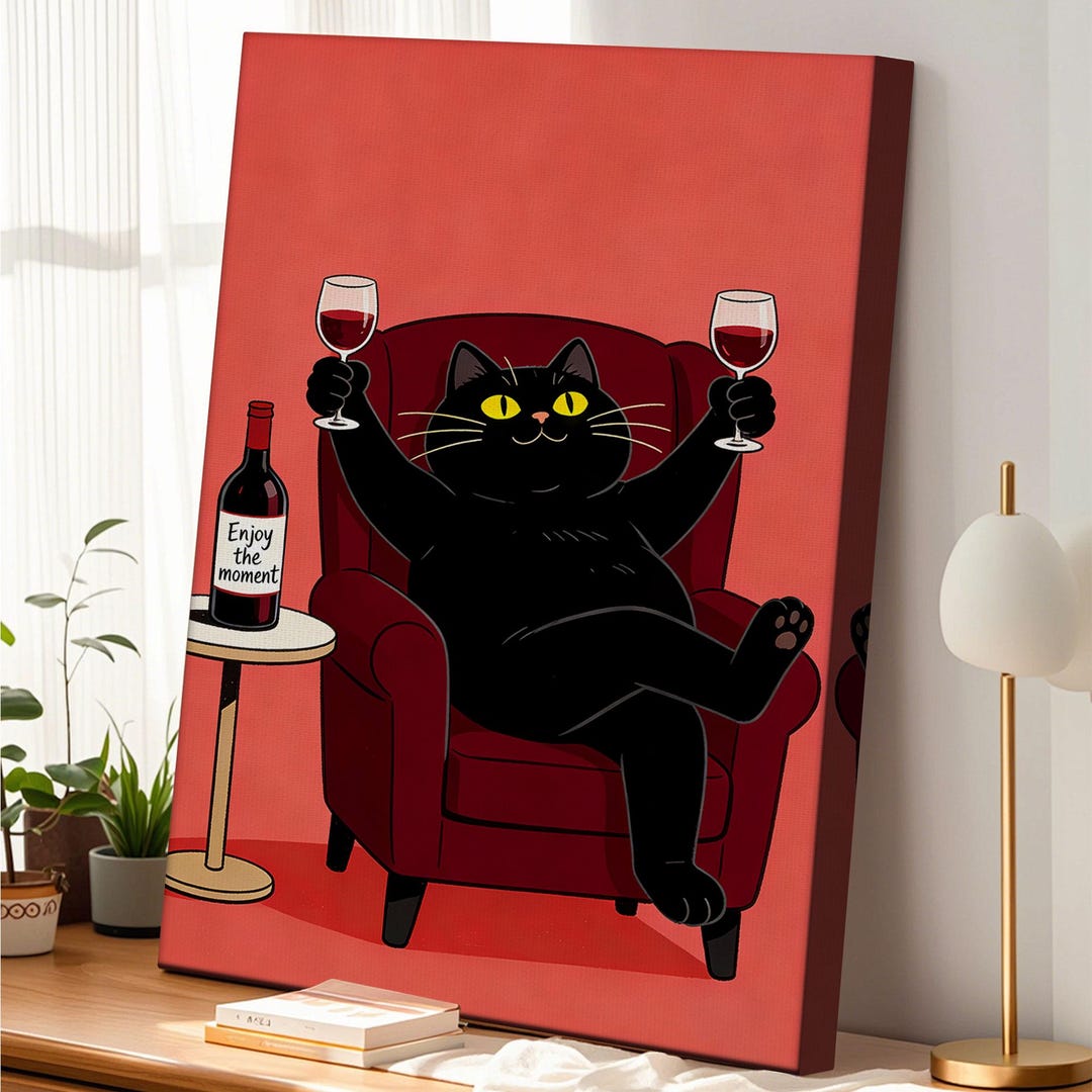 Funny Black Cat Drinking Red Wine Canvas Wall Art Retro Humor Home ...
