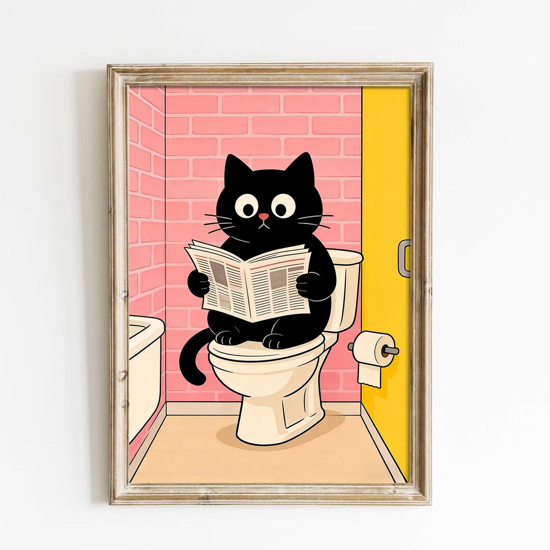 Funny Black Cat Bathroom Wall Art Printable Digital Illustration for ...