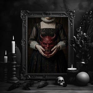 May include: A framed portrait of a person in a black lace-trimmed dress holding a red horned demon mask. The ornate black frame is surrounded by white candles in black holders, a small human skull, and a dark floral arrangement on a wooden surface.