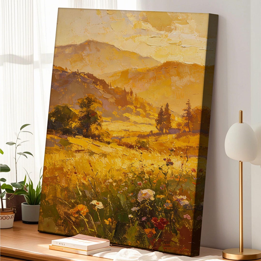 Golden Mountain Landscape Oil Painting Canvas Impasto Meadow Wall Art ...