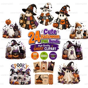 May include: A digital collection of 24 Halloween ghost clipart images featuring various ghosts in witch hats, pumpkins, black cats, and haunted houses. The text reads 24 Cute Halloween PNG Bundle High Quality GHOST CLIPART 300 DPI 5000px COMMERCIAL USE ALLOWED.