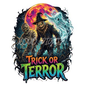 Puede incluir: Una ilustración gráfica que muestra una momia y un espantapájaros en un campo bajo una gran luna naranja, con un fantasma translúcido flotando cerca. El texto TRICK OR TERROR aparece en letras coloridas y goteantes en la parte inferior.