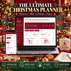 May include: A digital Christmas planner displayed on a laptop screen and a smartphone, featuring a dashboard with holiday budget, gift tracking, and countdown timers. The interface includes text such as The Ultimate Christmas Planner.