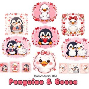 Könnte beinhalten: Eine Sammlung niedlicher Cartoon-Illustrationen mit Pinguinen und Gänsen zum Valentinstag. Die Bilder zeigen Pinguine mit Kameras, die Herzen halten und mit Gänsen gepaart sind. Die Farbpalette ist hauptsächlich rosa und weiß, mit dekorativen Herzen und Schleifen.