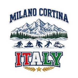 Puede incluir: Un gráfico blanco con el texto "MILANO CORTINA" sobre una cordillera y figuras de deportes de invierno. Debajo, la palabra "ITALY" se muestra en rojo, blanco y verde, con una estrella dorada y una corona de laurel.
