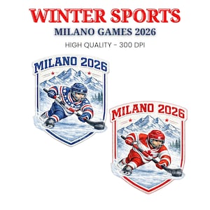 Könnte beinhalten: Zwei schildförmige Illustrationen von Eishockeyspielern. Einer in Blau, Weiß und Rot, der andere in Rot und Weiß. Der Text "WINTER SPORTS" und "MILANO GAMES 2026" sind über den Bildern zu sehen. Die Bilder sind von hoher Qualität.