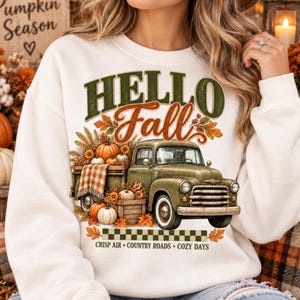 Hello Fall Green Truck PNG, Vintage Autumn Farm Sublimation Design, Rustic Pumpkin Patch Truck Clipart, Country Retro DTF Shirt Graphic