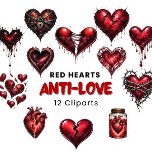 Puede incluir: Una colección de 12 imágenes prediseñadas de corazones rojos con varios diseños, incluyendo corazones rotos, corazones con espinas y un corazón en un frasco. Se muestra el texto "RED HEARTS ANTI-LOVE".
