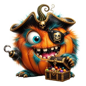 May include: A round orange pumpkin character with teal fur, wearing a black pirate hat with a skull emblem and an eye patch. The character has one large blue eye, a wide grin with visible teeth, a metal hook hand, and holds a wooden treasure chest.