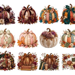 12 blommiga pumpor i lapptäcke, PNG-paket med kokettbåge och höstclipart, rustik höstsublimeringsdesign, scrapbookinggrafik med vintage-bondgård