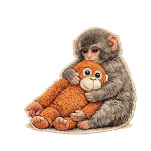 May include: A detailed illustration of a gray monkey hugging an orange stuffed animal monkey. The stuffed animal has a smiling face and large eyes. The image is set against a white background.