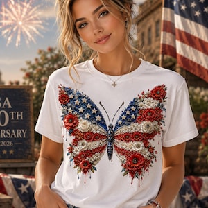 以下が含まれることがあります： アメリカ国旗をモチーフにした蝶のデザインが施された白いTシャツ。蝶の羽は赤、白、青の花柄で飾られています。このシャツは、アメリカの250周年を祝う愛国的なコレクションの一部です。