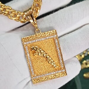 22K Gold Plated Jaguar Pendant Necklace | CZ Border Rectangular Chain | Unisex Statement Jewelry