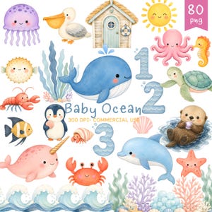 Puede incluir: Una colección de ilustraciones en acuarela con animales marinos que incluyen una ballena azul, delfín, narval, pulpo, tortuga marina, cangrejo, langosta, pez globo, caballito de mar, pingüino y nutria, junto a una casa de playa, sol, olas y números.