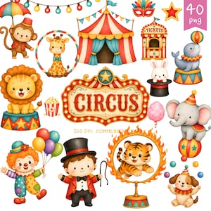 以下が含まれることがあります： サーカスをテーマにしたイラストのコレクション。サーカスのテント、「Circus」と書かれた看板、ライオン、キリン、ゾウ、トラなどの様々なサーカスの動物が含まれています。また、ピエロ、リングマスター、チケットブースも特徴です。