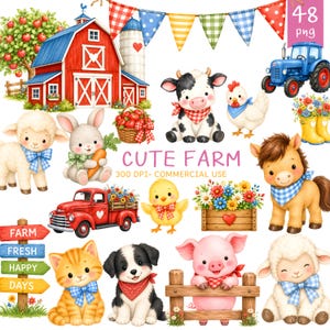 Puede incluir: Una colección digital de ilustraciones de granja con un granero rojo, un tractor azul y varios animales como vaca, oveja, cerdo, caballo, gato, perro y pollito. Incluye un letrero de madera con el texto FARM FRESH HAPPY DAYS.