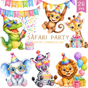 Könnte beinhalten: Eine Aquarellillustration einer Safari-Geburtstagsfeier. Das Bild zeigt ein Krokodil, einen Affen, eine Giraffe, einen Elefanten, ein Zebra und einen Löwen, alle mit Partyhüten und Brillen. Die Worte "HAPPY BIRTHDAY" und "SAFARI PARTY" sind zu sehen.