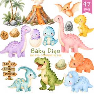 Pode incluir: Uma coleção de ilustrações em aquarela apresentando vários dinossauros bebês, um vulcão, palmeiras, ovos de dinossauro em ninhos e uma placa de madeira com o texto Baby Dino 300 DPI- COMMERCIAL USE e DINO LAND BE BRAVE ADVENTURE.