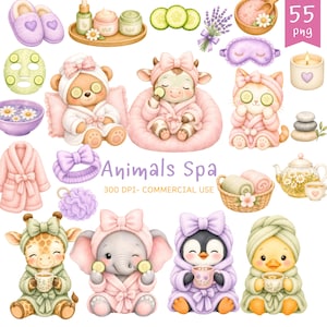 May include: A digital collection of watercolor illustrations featuring animals in spa attire, including a bear, cow, cat, giraffe, elephant, penguin, and duckling. The set includes spa accessories like robes, headbands, cucumber slices, and candles with the text Animals Spa.