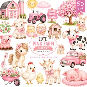 Imágenes prediseñadas de fresas de animales de granja rosas, lindas imágenes prediseñadas de fiesta de granja, cumpleaños de animales, caballo, cerdo, vaca, animales bebés, imágenes prediseñadas de granero, imágenes prediseñadas de corral png