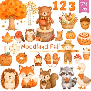 Höstskogsdjur clipart, Djurungar clipart, Skogsdjur png, Söt höst Clipart, Kawaii höst, Pumpa Fågelskrämma Höst png