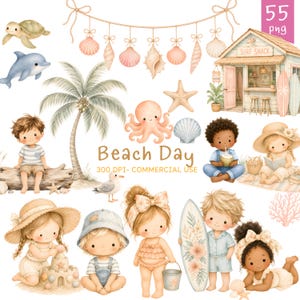 Può includere: Una collezione digitale di illustrazioni ad acquerello con bambini, una capanna sulla spiaggia, una palma, creature marine e accessori da spiaggia. Il set include una tartaruga, un delfino, un polpo, una stella marina, conchiglie e il testo Beach Day.