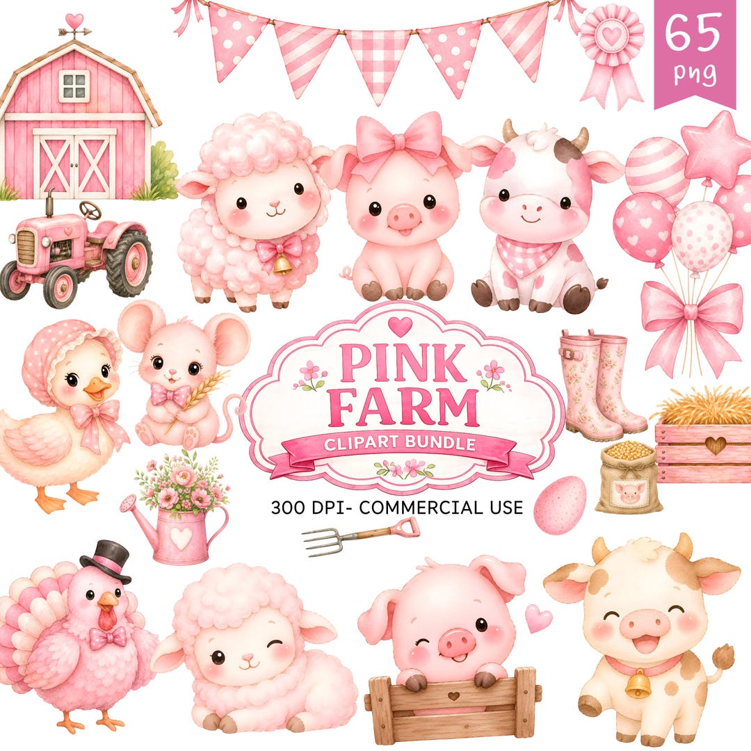 Pink Farm Animals Clipart Cute Farm Party Clipart Animal Birthday Horse ...