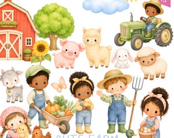 May include: A digital illustration featuring a red barn, farm animals, and children. The image includes a tractor, a pig, an alpaca, a sheep, a bunny, a goat, a duck, and a variety of children with farm tools. The text "CUTE FARM" is also included.