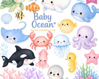 May include: A collection of watercolor illustrations featuring various baby ocean creatures, including a turtle, fish, whale, crab, jellyfish, octopus, and more. The phrase "Baby Ocean" is written in blue script, with "300 DPI - COMMERCIAL USE" below.